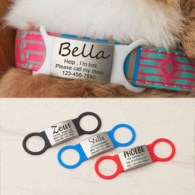 Picture of Custom Lasered Silver Slide On Dog & Cat Collar Name Tag - Personalized Soundless Pet Name Tag with Owner Information