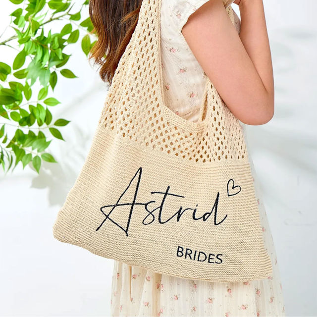 Picture of Custom Crochet Mesh Beach Tote - Custom Crochet Embroidered Beach Tote - Custom Name Knit Tote