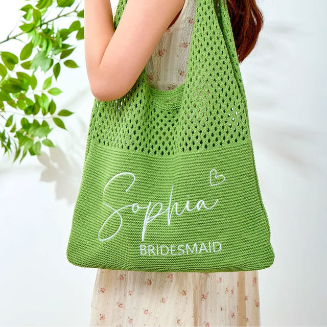 Picture of Custom Crochet Mesh Beach Tote - Custom Crochet Embroidered Beach Tote - Custom Name Knit Tote