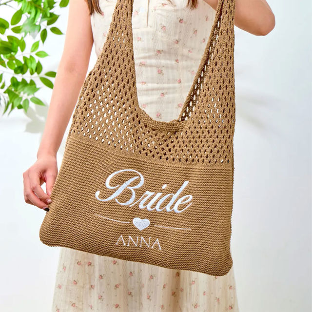 Picture of Custom Crochet Mesh Beach Tote - Custom Crochet Embroidered Beach Tote - Custom Name Knit Tote