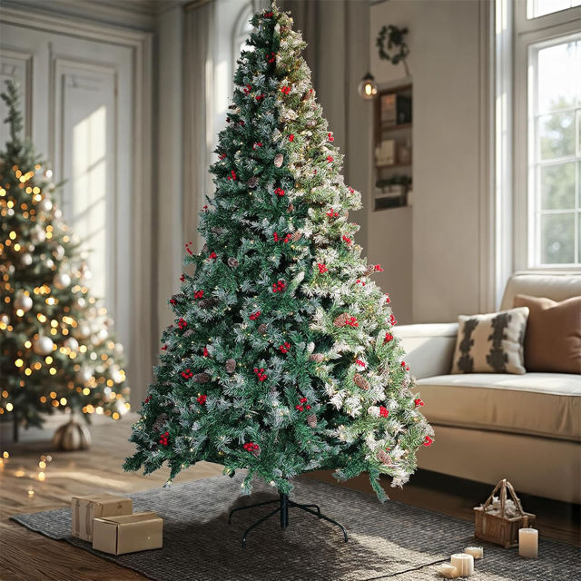 Picture of Pine Christmas Tree with Frosted Tips - PVC Christmas Tree with Decoration Pinecone and Holly - 5Ft, 6Ft and 6.9Ft with Metal Stand