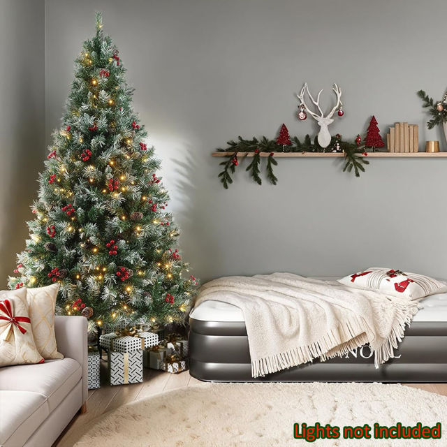 Picture of Pine Christmas Tree with Frosted Tips - PVC Christmas Tree with Decoration Pinecone and Holly - 5Ft, 6Ft and 6.9Ft with Metal Stand
