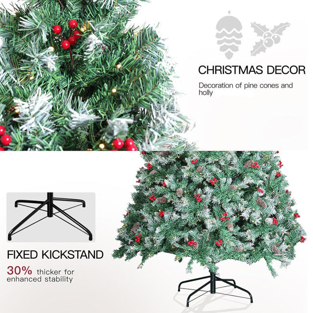Picture of Pine Christmas Tree with Frosted Tips - PVC Christmas Tree with Decoration Pinecone and Holly - 5Ft, 6Ft and 6.9Ft with Metal Stand