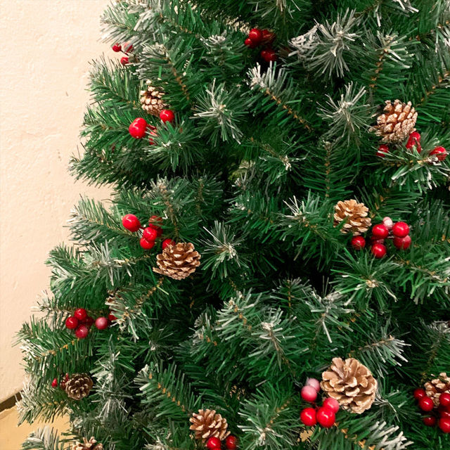 Picture of Pine Christmas Tree with Frosted Tips - PVC Christmas Tree with Decoration Pinecone and Holly - 5Ft, 6Ft and 6.9Ft with Metal Stand