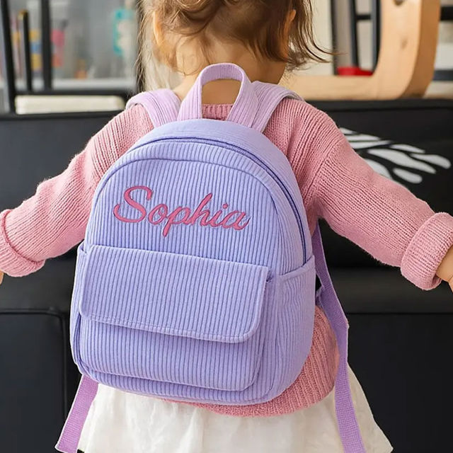 Picture of Custom Embroidered Name Backpack - Personalized Corduroy Backpack - Custom Name Kids School Bag