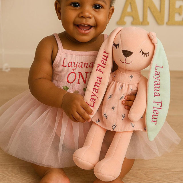 Picture of Custom Embroidered Stuffed Bunny Rabbit with Name - Personalized Comfort Rabbit for Kids - Baby Shower Gift