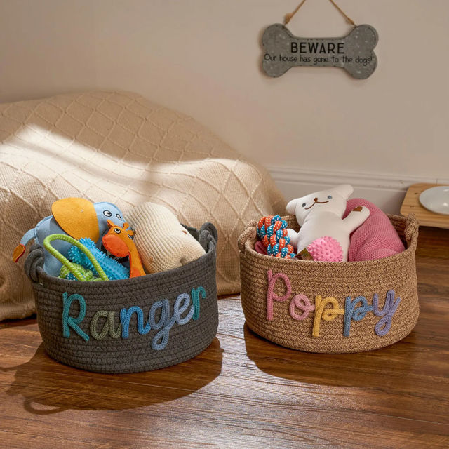 Picture of Custom Pet Toy Basket - Custom Embroidered Name Dog/Cat Toy Box - New Puppy Gift