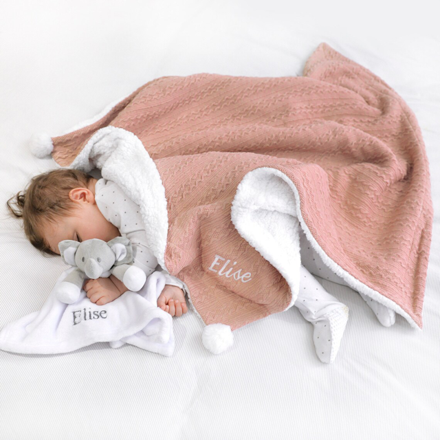 Picture of Custom Embroidered Blanket - Custom Name Jacquard Knit Pom Pom Blanket - Pom Pom and Sherpa Fleece Backing