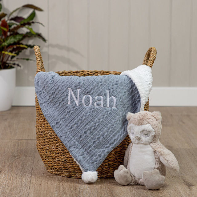 Picture of Custom Embroidered Blanket - Custom Name Jacquard Knit Pom Pom Blanket - Pom Pom and Sherpa Fleece Backing