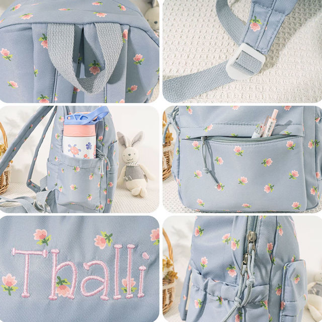 Picture of Custom Embroidered Backpack with Name - Floral Pattern Style School Bag - Back to School Gift for Kids