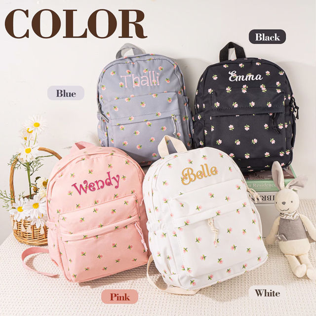 Picture of Custom Embroidered Backpack with Name - Floral Pattern Style School Bag - Back to School Gift for Kids