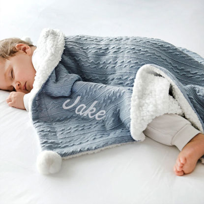 Picture of Custom Embroidered Blanket - Custom Name Jacquard Knit Pom Pom Blanket - Pom Pom and Sherpa Fleece Backing