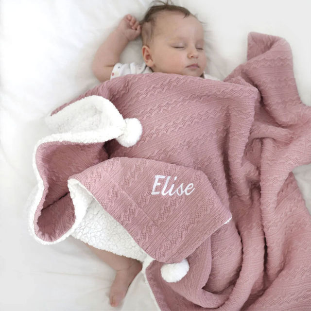 Picture of Custom Embroidered Blanket - Custom Name Jacquard Knit Pom Pom Blanket - Pom Pom and Sherpa Fleece Backing