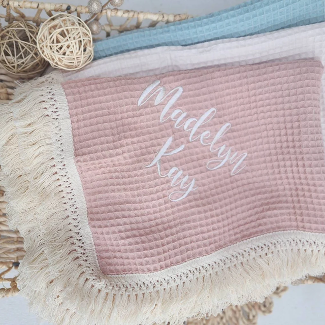 Picture of Custom Embroidered Baby Blanket - Custom Embroidered Baby Blanket - Custom Waffle Tassel Blanket