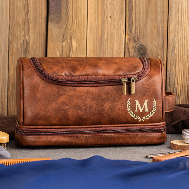 Picture of Custom Double Layer Leather Toiletry Bag - Personalized Groomsmen Gifts - Travel Bag For Men