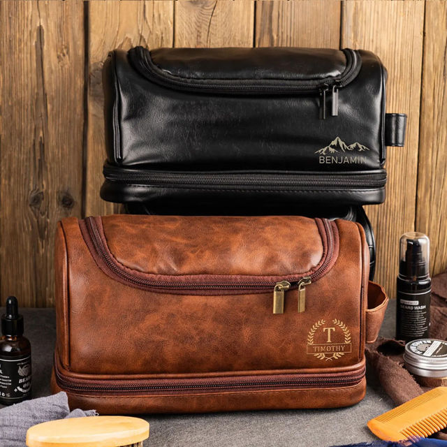 Picture of Custom Double Layer Leather Toiletry Bag - Personalized Groomsmen Gifts - Travel Bag For Men