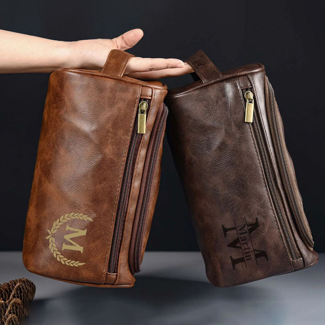 Picture of Custom Leather Toiletry Bag for Men - Personalized Groomsmen Gifts - Men's Leather Toiletry Bags - Travel Bag For Men