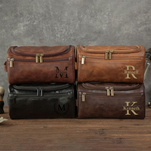 Picture of Custom Leather Toiletry Bag for Men - Personalized Groomsmen Gifts - Men's Leather Toiletry Bags - Travel Bag For Men