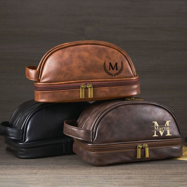 Picture of Custom Double Layer Leather Toiletry Bag for Men - Personalized Groomsmen Gifts - Gift for Dad