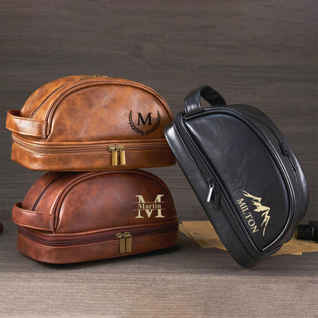 Picture of Custom Double Layer Leather Toiletry Bag for Men - Personalized Groomsmen Gifts - Gift for Dad