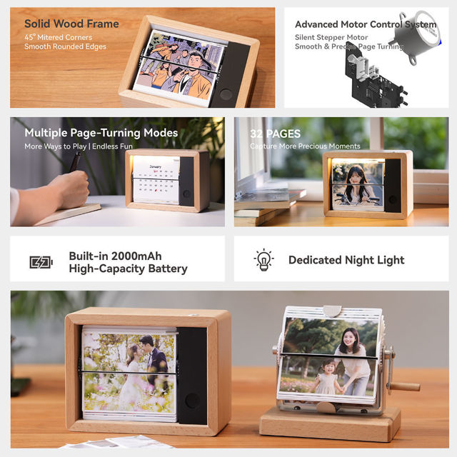Picture of Custom Motorized Flip Book - Auto Page Turning - Rechargeable Personalised Flip Album with Wooden Frame - Home Decor