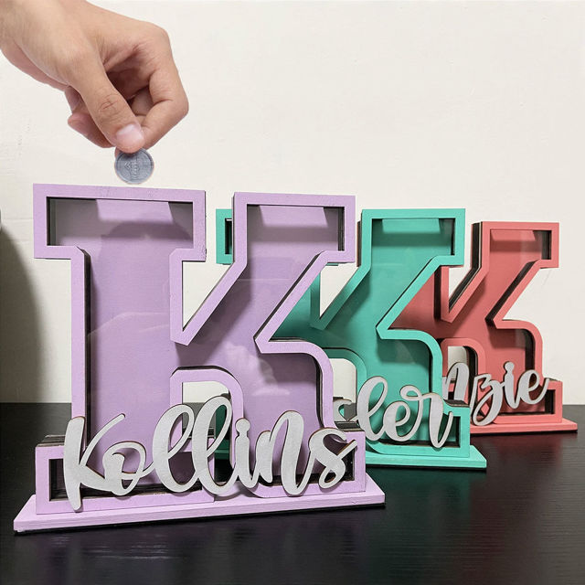 Picture of Personalized Wooden Letter Piggy Bank - Custom Name Coin Bank for Kids & Adults - Decorative Alphabet Money Box Gift