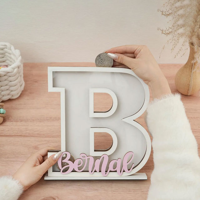 Picture of Personalized Wooden Letter Piggy Bank - Custom Name Coin Bank for Kids & Adults - Decorative Alphabet Money Box Gift