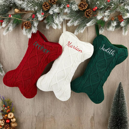 Picture of Personalized Embroidery Bone Shaped Christmas Stocking for Pets - Custom Dog Christmas Stocking - Knitted Xmas Stocking