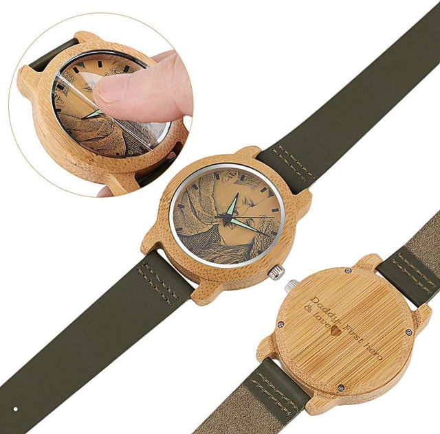 Picture of Personalized Watches - Personalized Bamboo Wood Photo Watch - Engraved with Text, Birthday Gift for Women and Men