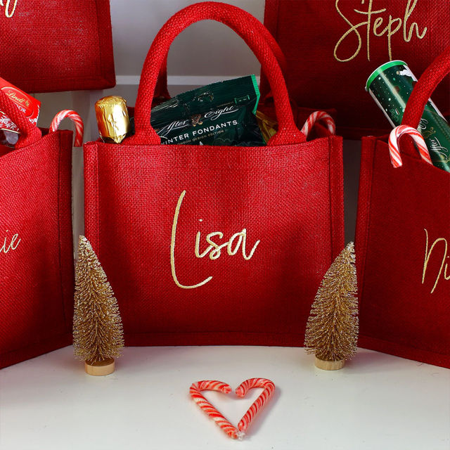 Picture of Custom Embroidered Christmas Gift Bag - Personalised Jute Tote bag