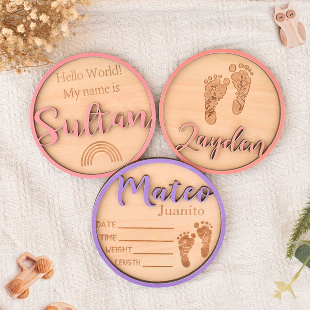 Picture of Personalised Wooden Birth Announcement Disc - Custom Newborn Name Sign - 3D Wooden Baby Sign - Baby Shower Gift