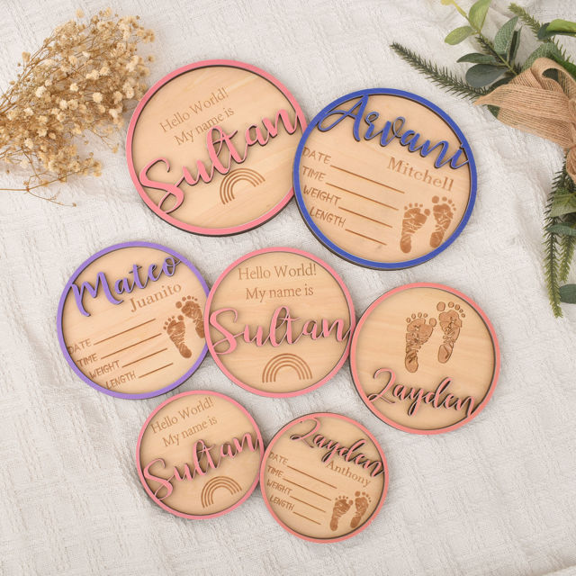 Picture of Personalised Wooden Birth Announcement Disc - Custom Newborn Name Sign - 3D Wooden Baby Sign - Baby Shower Gift