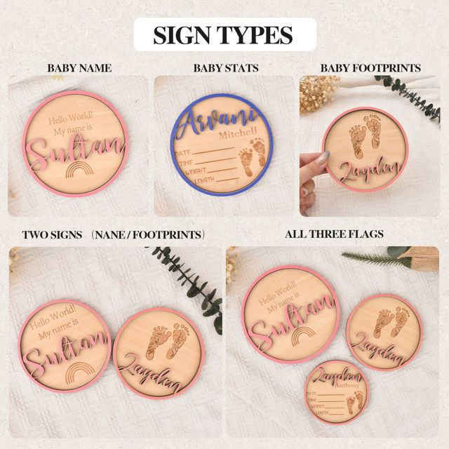 Picture of Personalised Wooden Birth Announcement Disc - Custom Newborn Name Sign - 3D Wooden Baby Sign - Baby Shower Gift
