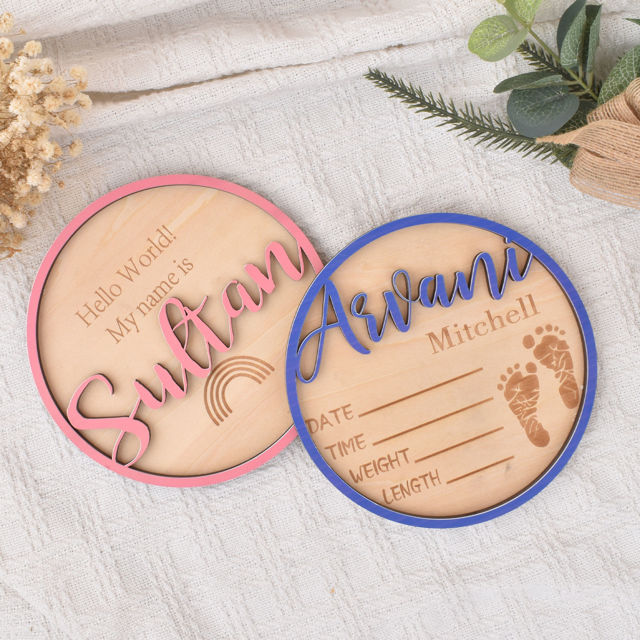 Picture of Personalised Wooden Birth Announcement Disc - Custom Newborn Name Sign - 3D Wooden Baby Sign - Baby Shower Gift