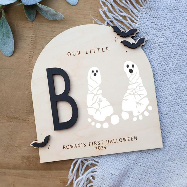 Picture of Custom DIY Halloween Baby Footprint Art - Baby's First Halloween - Personalised Wooden Footprint Sign - Halloween Decor