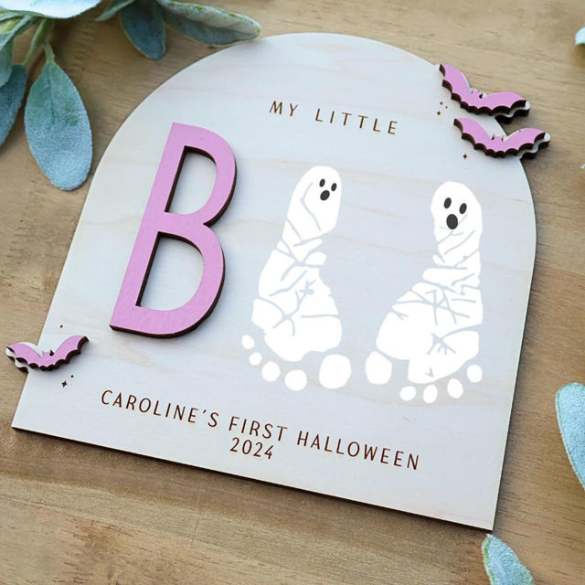 Picture of Custom DIY Halloween Baby Footprint Art - Baby's First Halloween - Personalised Wooden Footprint Sign - Halloween Decor