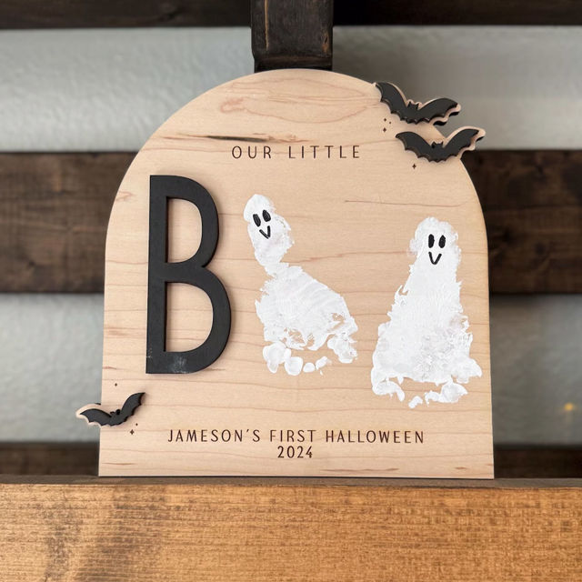 Picture of Custom DIY Halloween Baby Footprint Art - Baby's First Halloween - Personalised Wooden Footprint Sign - Halloween Decor