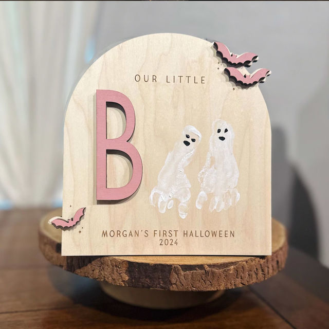 Picture of Custom DIY Halloween Baby Footprint Art - Baby's First Halloween - Personalised Wooden Footprint Sign - Halloween Decor