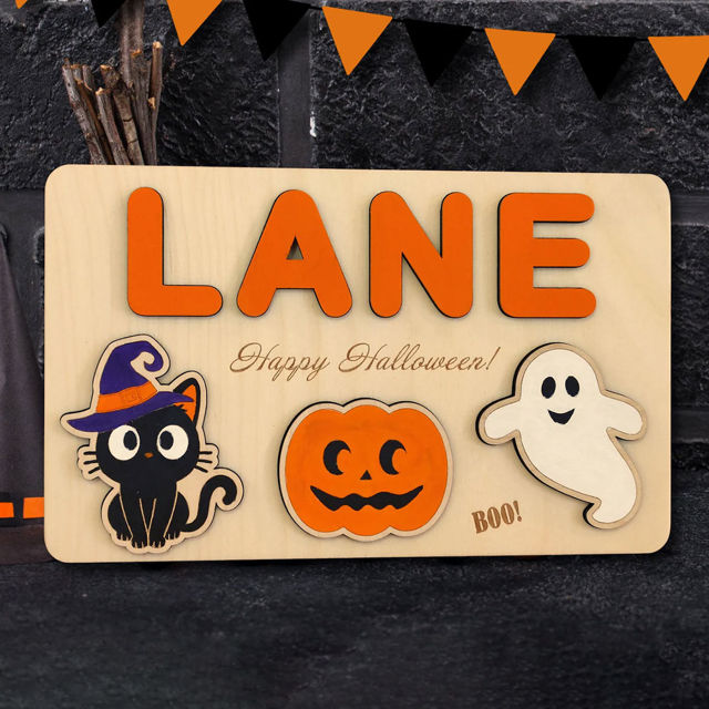 Picture of Personalized Wooden Puzzle Name Board - Halloween Theme - Orange Lettering Style - Halloween Baby Toddler Gift