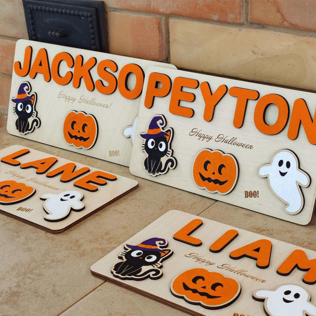 Picture of Personalized Wooden Puzzle Name Board - Halloween Theme - Orange Lettering Style - Halloween Baby Toddler Gift
