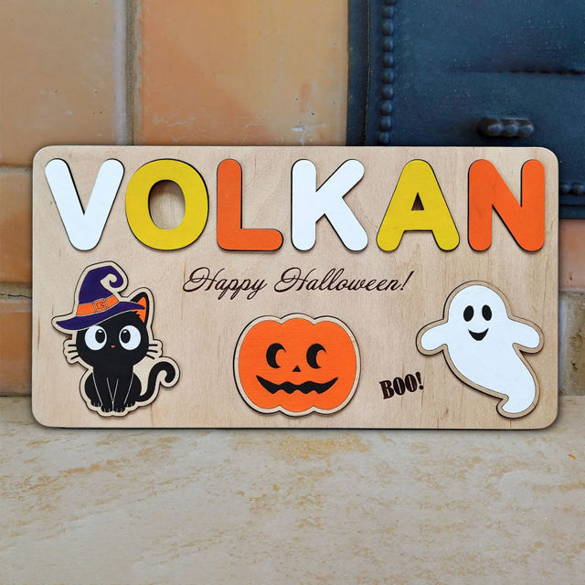 Picture of Personalized Wooden Puzzle Name Board - Halloween Themed - Candy Corn Color - Halloween Baby Toddler Gift