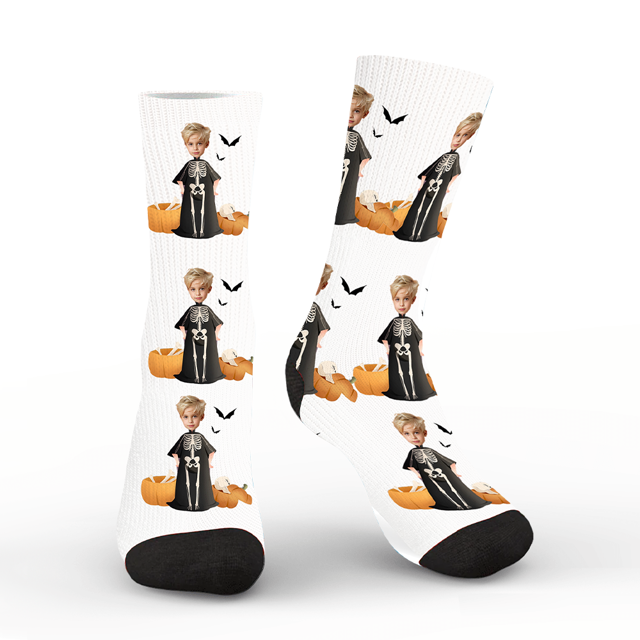 Picture of Custom Socks - Custom Halloween Socks - Skull Bone Pumpkin Boy