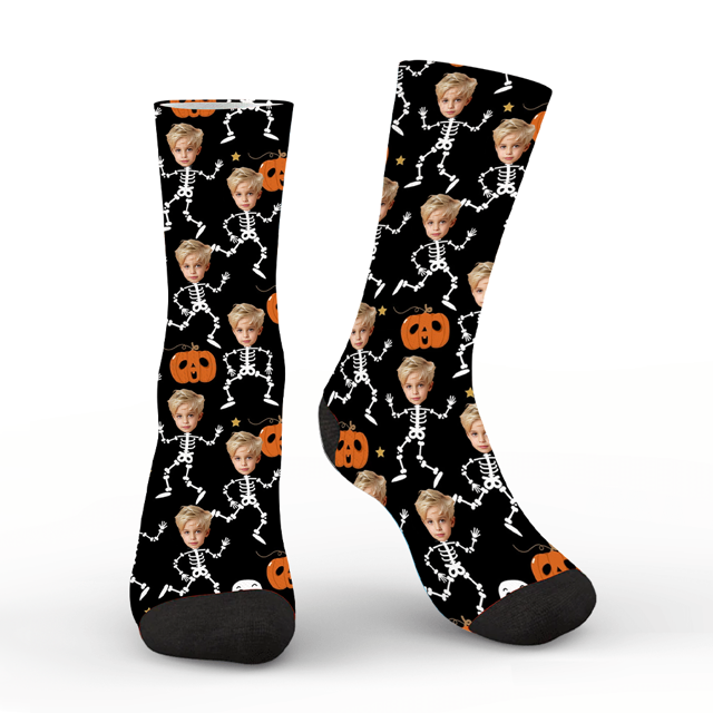 Picture of Halloween Custom Face Socks – Funny Skeleton Dance Pumpkin Personalized Socks for Men Women Kids