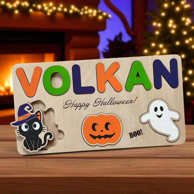 Picture of Personalized Wooden Puzzle Name Board - Halloween Themed - Witch Switch Style - Halloween Baby Toddler Gift