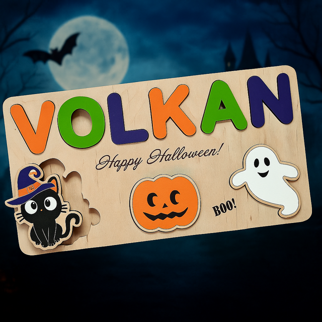 Picture of Personalized Wooden Puzzle Name Board - Halloween Themed - Witch Switch Style - Halloween Baby Toddler Gift