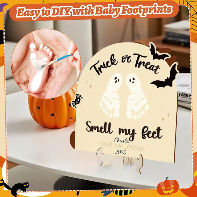 Picture of Custom DIY Halloween Baby Footprint Art - Baby's First Halloween - Personalised Wooden Footprint Sign