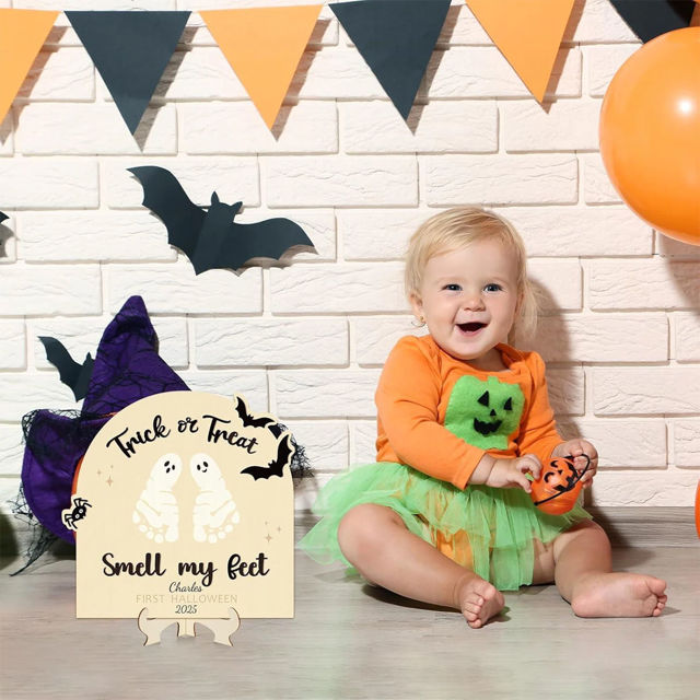 Picture of Custom DIY Halloween Baby Footprint Art - Baby's First Halloween - Personalised Wooden Footprint Sign
