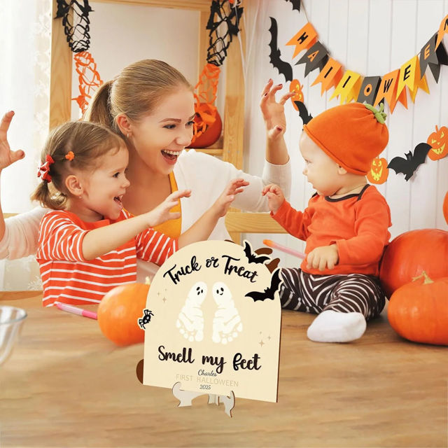 Picture of Custom DIY Halloween Baby Footprint Art - Baby's First Halloween - Personalised Wooden Footprint Sign