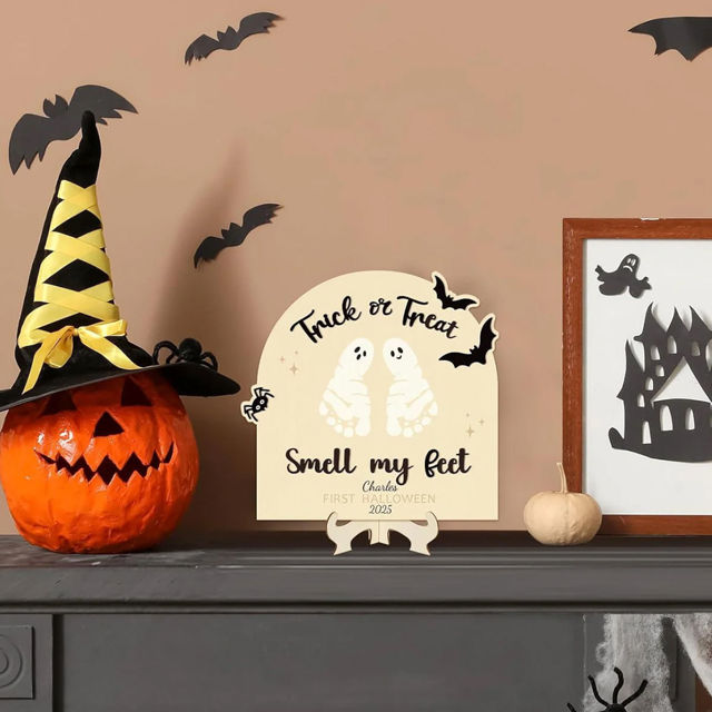 Picture of Custom DIY Halloween Baby Footprint Art - Baby's First Halloween - Personalised Wooden Footprint Sign