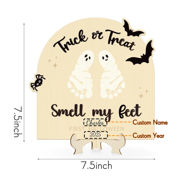 Picture of Custom DIY Halloween Baby Footprint Art - Baby's First Halloween - Personalised Wooden Footprint Sign